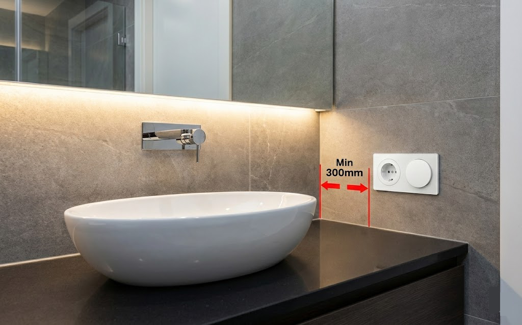 Bathroom electrical safety zones with IP-rated fixtures and proper outlet placement