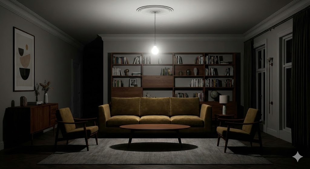 Example of poor single-source central lighting creating harsh shadows