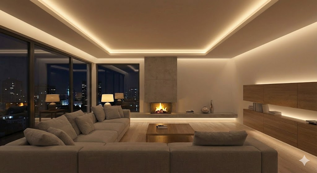 Warm, gezellig interieur met gelaagde verlichting die een intieme sfeer creëert